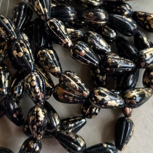13x7mm Melon Drop Beads Czech Glass Gilded Speckled Black 10Pcs Per Strand