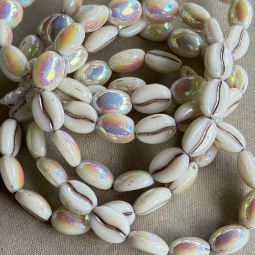 10x8mm Coffee Bean Czech Glass Beads Ivory AB Q15 Per Strand