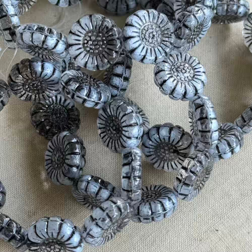 13mm Sunflower Beads Czech Glass Gray Marble Black Wash 10Pcs Per Strand