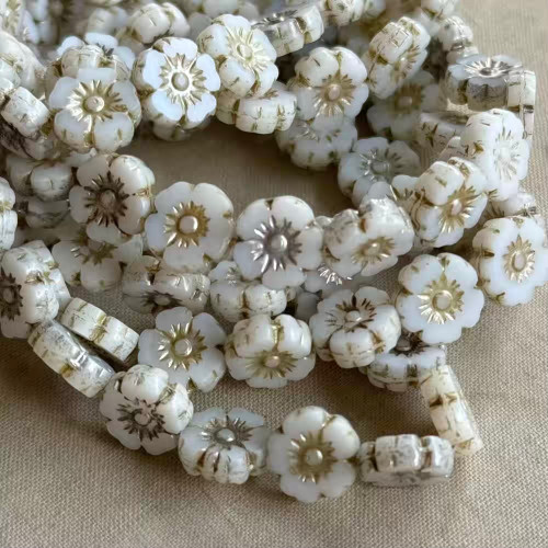 10mm Window Cut Flower Beads Czech Glass Gilded Mercury Alabaster Mix 16Pcs Per Strand