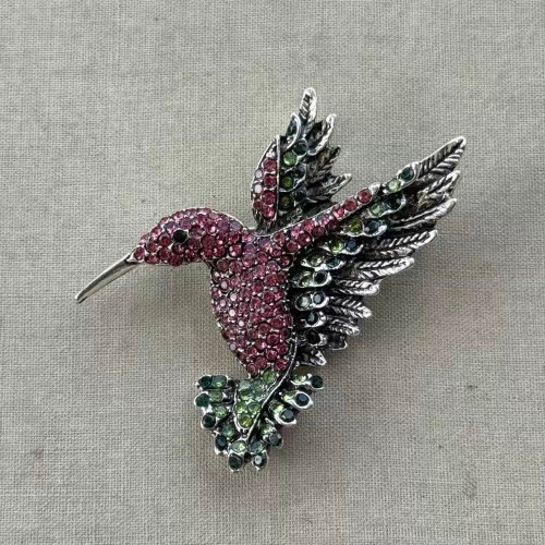 2 Inch Pink Hummingbird Brooch Pin Glass Rhinestone Silver Per Pc