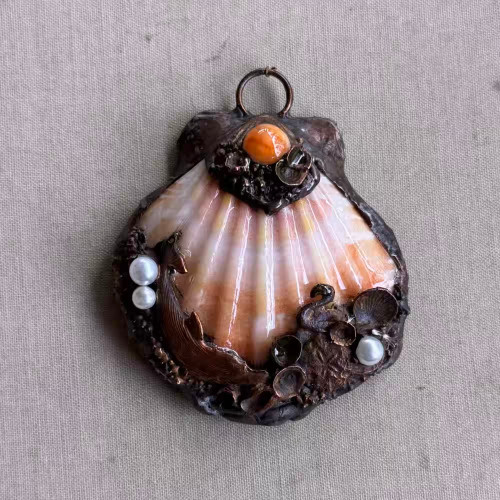 63x52mm Electroformed Seashell Pendant Dolphin Scallop Artisan Copper Per Pc
