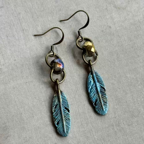 Odeta Feather Earrings Brass Artisan Made in the USA Per Pair