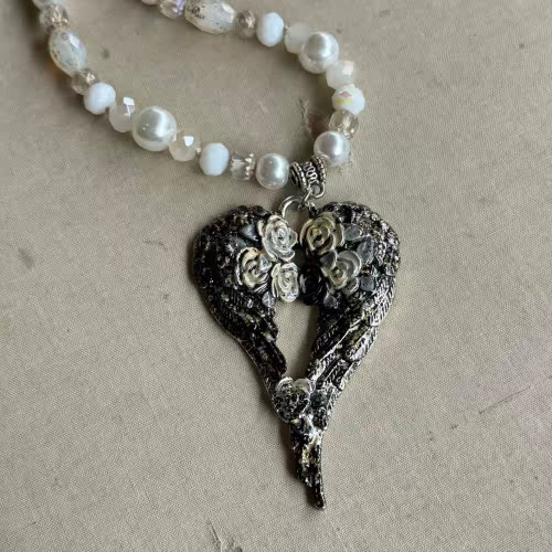 On A Wing and A Pearl Necklace Antique Silver Artisan Made Per Pc