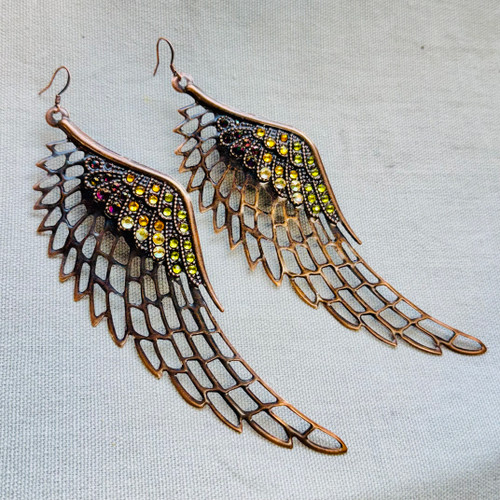 BIG Sparkly Wing Earrings Antique Copper Artisan Made in the USA Per Pair