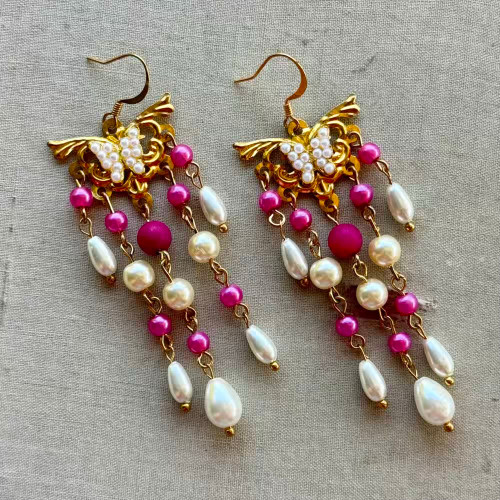 Fuchsia Pearl Chandelier Earrings Gold Artisan Made in the USA Per Pair