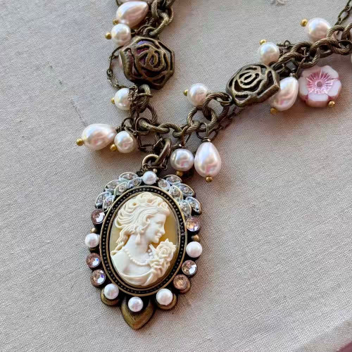 Edwardian Rose Cameo Collage Pendant Beaded Chain Necklace