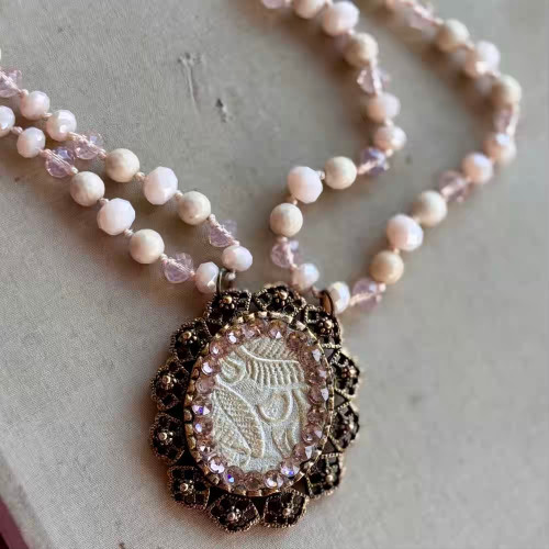 Roseland Cowgirl Leather Cameo Collage Pendant Hand Knotted Stone Necklace