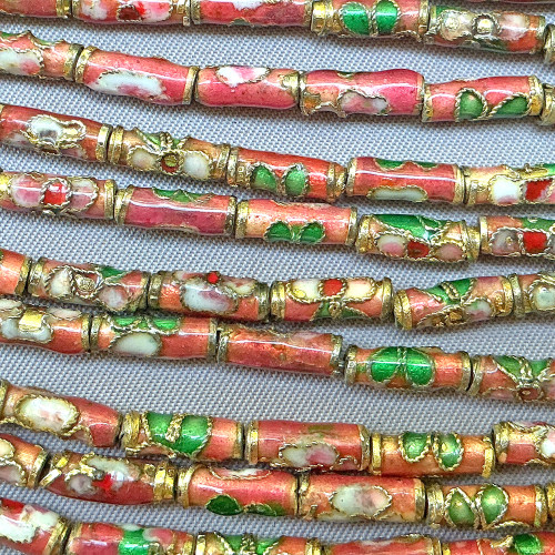 Vintage Pink Flower Blossom Cloisonne Enamel Tube Beads 10x3mm Gold Plated Alloy Q20 Per Strand