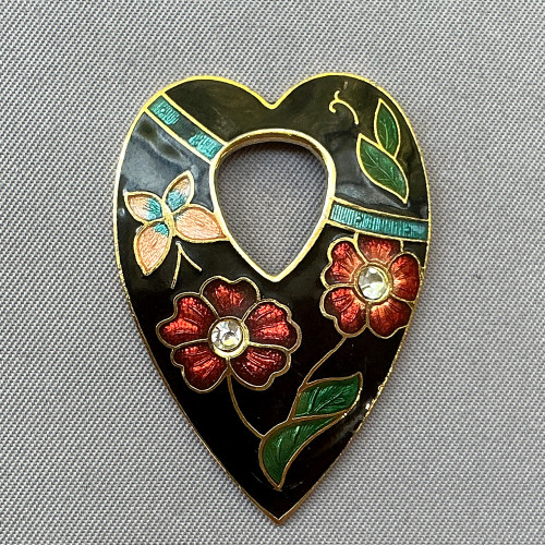 Black Flower Cloisonne Enamel Concave Heart Pendants 38x28mm Gold Plated Alloy Q2 Per Pkg