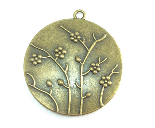 Round Flowers Tree Blossoms Cabochon Memory Tray Pendants 47x42mm Antique Brass Plated Alloy Q4 Per Pkg