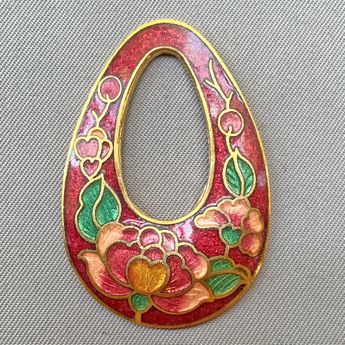 Maroon Peony Cloisonne Enamel Teardrop Pendants 38x25mm Gold Plated Alloy Q2 Per Pkg