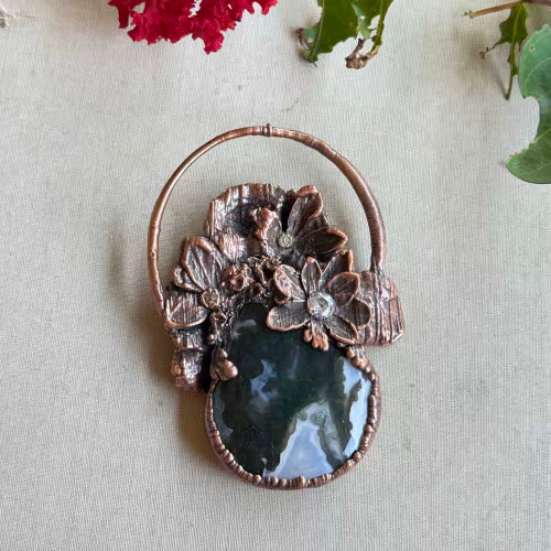 BIG 78x50mm Electroformed Moss Agate Pendant Flowers Mushroom Artisan Copper Per Pc