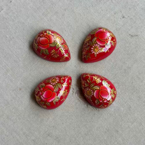 25x18mm Cinnabar Peony Teardrop Cabochon Painted Acrylic Faux Cloisonne Q4 Per Pkg