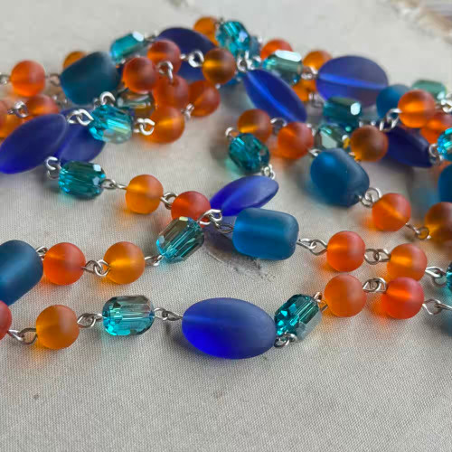 Sunset Tide Sea Glass Beaded Chain Multi Shape Crystal Antique Silver Plated Per Foot