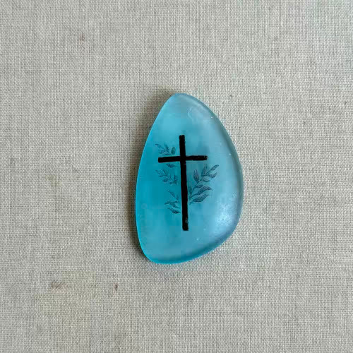 36x23mm Christian Cross Sea Glass Cabochon Aqua Blue Laser Etched Per Pc