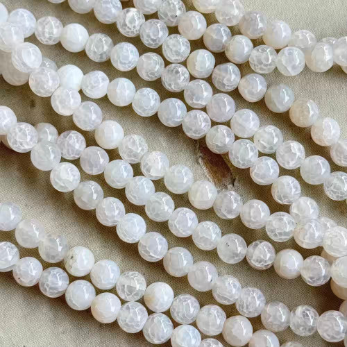 8mm Crackle Agate Smooth Round Chantilly Lace White Semi Precious Stone Beads Per Strand