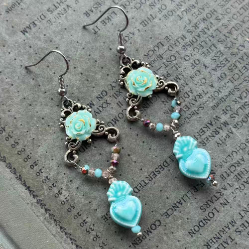 Aqua Rose Heart Drop Earrings Silver Artisan Made in the USA Per Pair