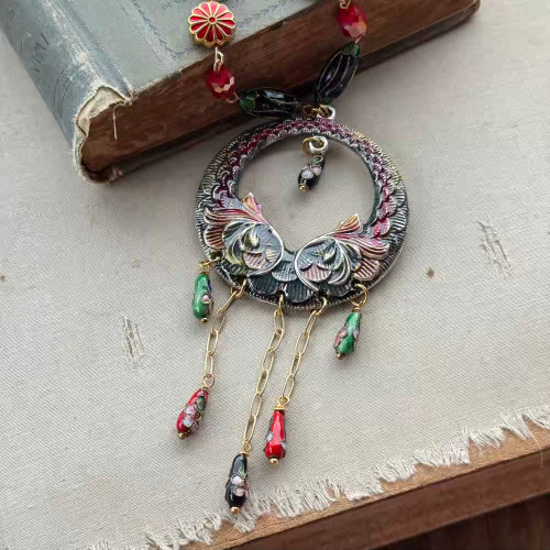 Jade Dragon Empress Cloisonne Beaded Chain Mixed Metals Necklace