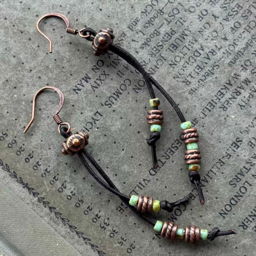 Bali Boho Leather Tassel Earrings Antique Copper Artisan Made in the USA Per Pair
