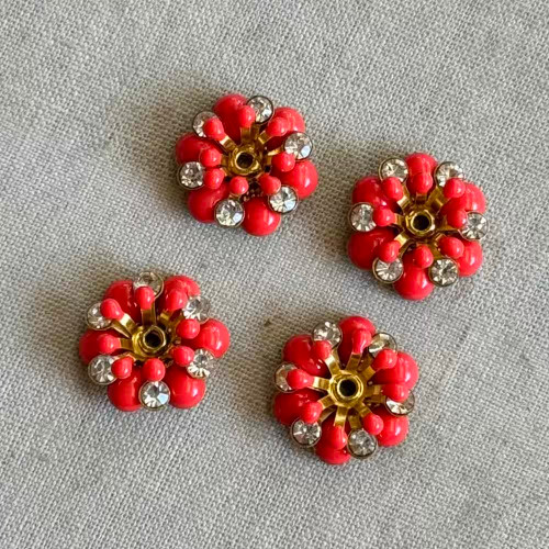 11x4mm Enamel Rhinestone Flower Bead Caps Poppy Raw Brass Q4 Per Pkg