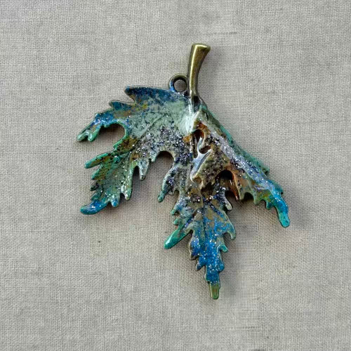 Teal Glitter Maple Leaf Pendant Artisan Hand Painted 40x35mm Per Pc