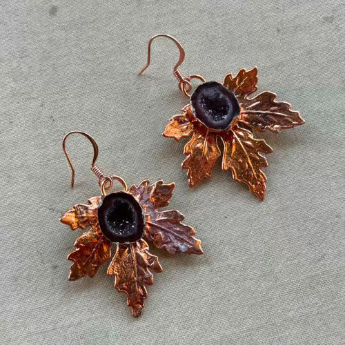 Maple Leaf Tabasco Geode Electroformed Earrings Copper Artisan Made in the USA Per Pair