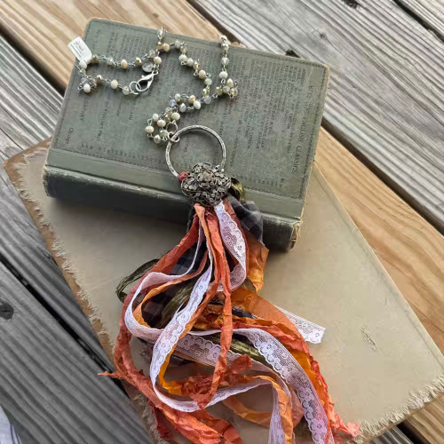 Fall Vibes Today Sari Ribbon Tassel Necklace Beaded Chain Artisan Made Per Pc