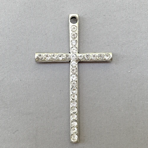 Crystal Rhinestone Cross Pendants 62x37mm Shiny Silver Plated Alloy Q1 Per Pkg