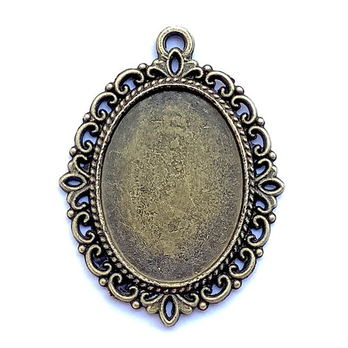 Filigree Oval Cabochon Memory Tray Pendants 40x30mm Antique Brass Plated Alloy Q10 Per Pkg