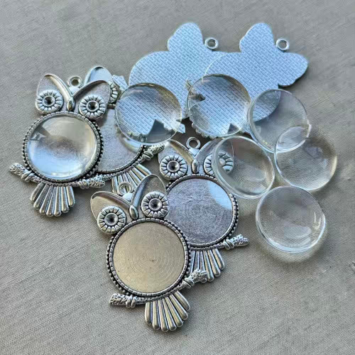 44x28mm Owl Memory Pendant Tray Setting Glass Cab Antique Silver Q6 Set Per Pkg