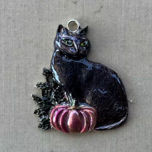 Salem Black Cat Pumpkin Pendant Halloween Artisan Hand Painted Per Pc