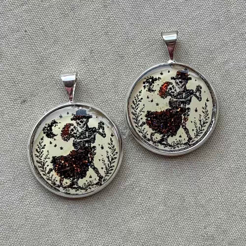26x20mm Dancing Skeletons Glitter Resin Charms Antique Silver Plated Per Pair
