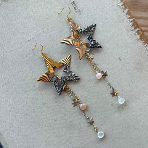 Starlight Starbright Star Molten Metal Mix Brass Earrings Artisan Made in the USA Per Pair