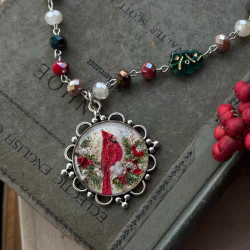 Christmas Cardinal Necklace Beaded Chain Artisan Made Per Pc