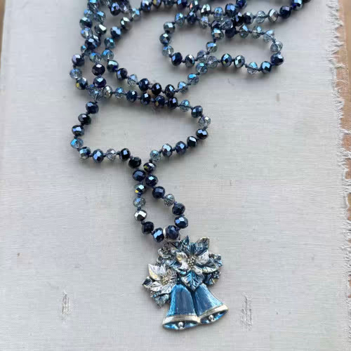 All About Me Navy Blue Bells Christmas Primadonna Length Necklace Hand Knotted Crystals Artisan Made Per Pc