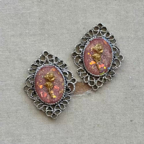 32x24mm Pink Rose Glitter Resin Links Artisan Hand Made Per Pair