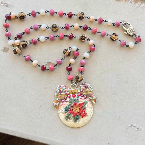 Christmas Leopard Ornament Necklace Beaded Chain Artisan Made Per Pc