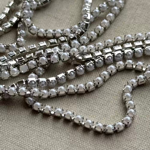 2mm White Pearl Rhinestone Cup Chain Chain Silver Plated Q1 Foot