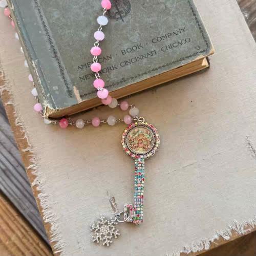 Sugarplum Christmas Skeleton Key Necklace Beaded Chain Artisan Made Per Pc