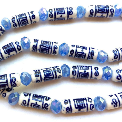 Blue White China Maze Motif 18x7mm Cylinder Ceramic Beads Per Strand