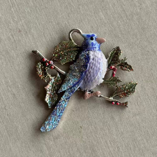 Blue Jay Bluebird Holly Leaf Christmas Holiday Artisan Hand Painted Pendant Per Pc