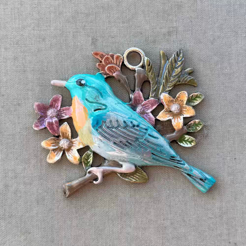 Sky Bluebird Songbird Flowers Botanical Artisan Vintage Bird Pendant Per Pc