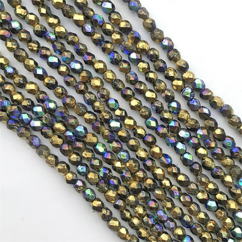 4mm Gilded Peacock Faceted Fire Polish Czech Glass Round 48-50 Beads Per Strand