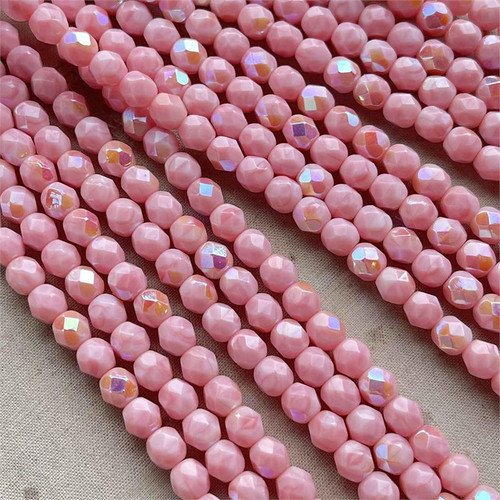 6mm Fire Polish Czech Glass Faceted Round Opal Pink AB 25 Beads Per Strand