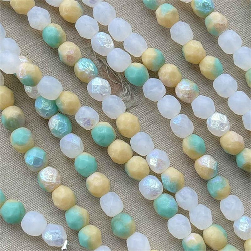 6mm Pastel Ivory Mint AB Matte Etched Faceted Fire Polish Czech Glass Round 25 Beads Per Strand