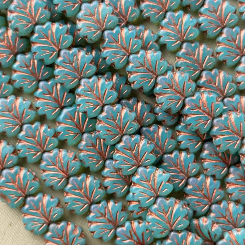 13x11mm Maple Leaf Beads Czech Glass Blue Opal Copper 20Pcs Per Strand