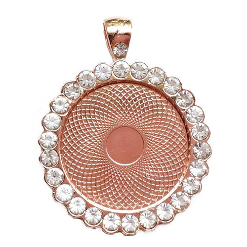 Crystal Rhinestone Round Cabochon Memory Tray Pendants 43x34mm Rose Copper Plated Alloy Q2 Per Pkg