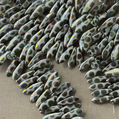 16x5mm Czech Glass Dagger Drop Beads Silver Sage Dots 50Pcs Per Strand