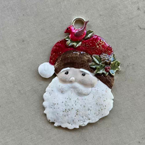 Santa Clause Christmas Pendant Artisan Vintage Cardinal Large Glitter Holiday Per Pc